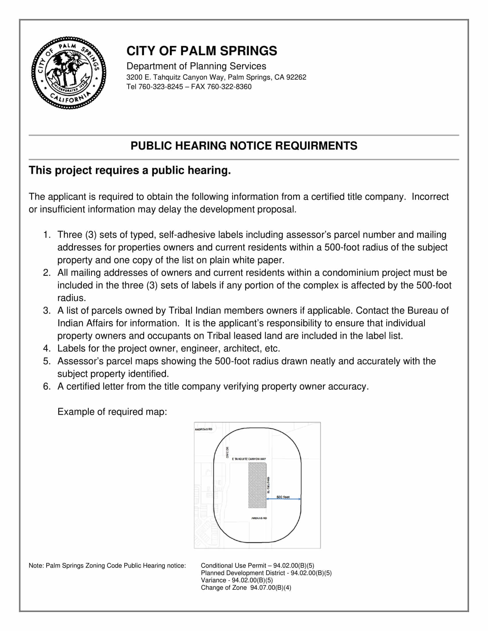 Palm Springs Public Hearing Notice Requirements 500 foot radius mailing labels certified letter
