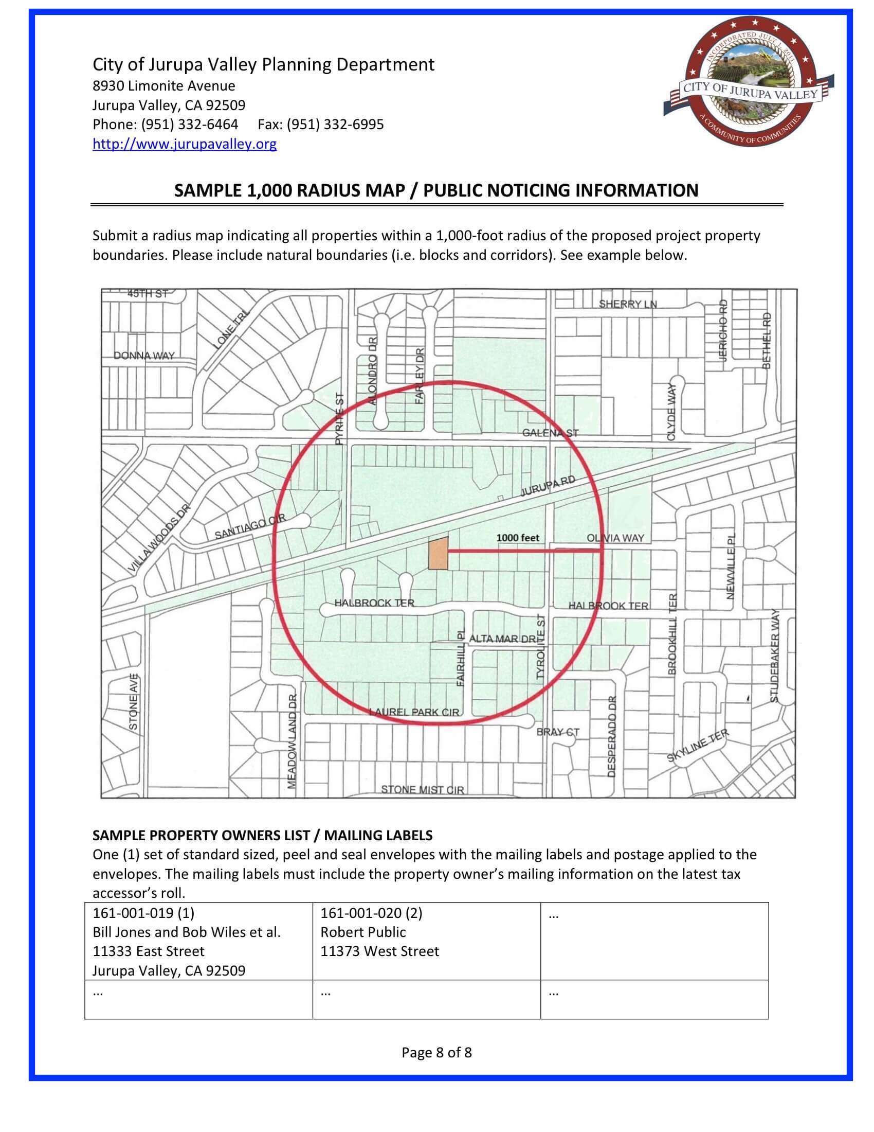 Jurupa Valley Entitlement Application Public Noticing Radius Map 1000 Foot Property Owner List Labels