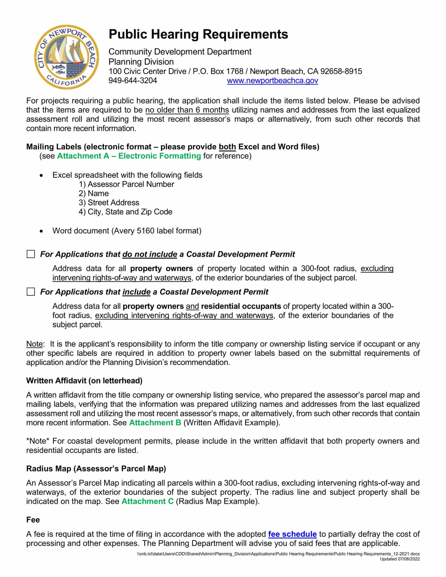 Newport Beach Public Hearing Requirements Mailing Labels Radius Map Written Affidavit