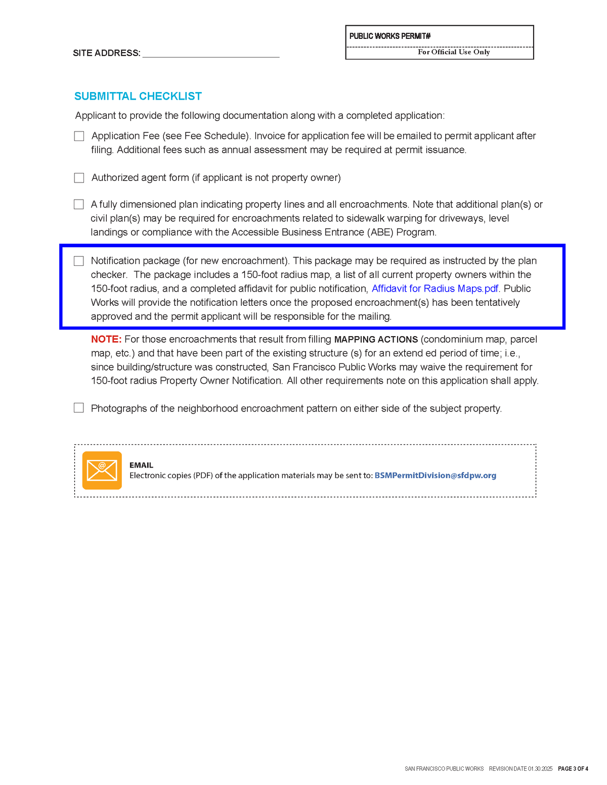 San Francisco Application for Minor Sidewalk Encroachment 150-foot-radius map. 150-foot property owner list
