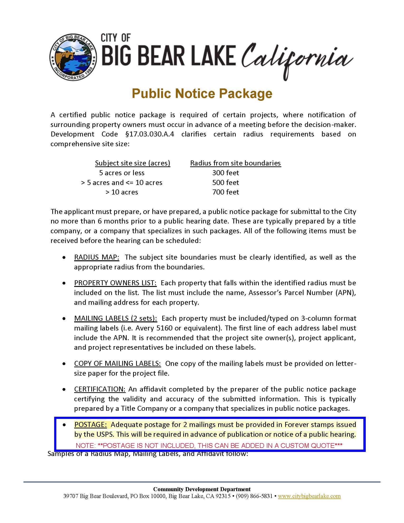 City of Big Bear Lake Public Notice Package Property Owners List Declaration. 300ft, 500ft, 700ft. Typed List of Mailing Labels