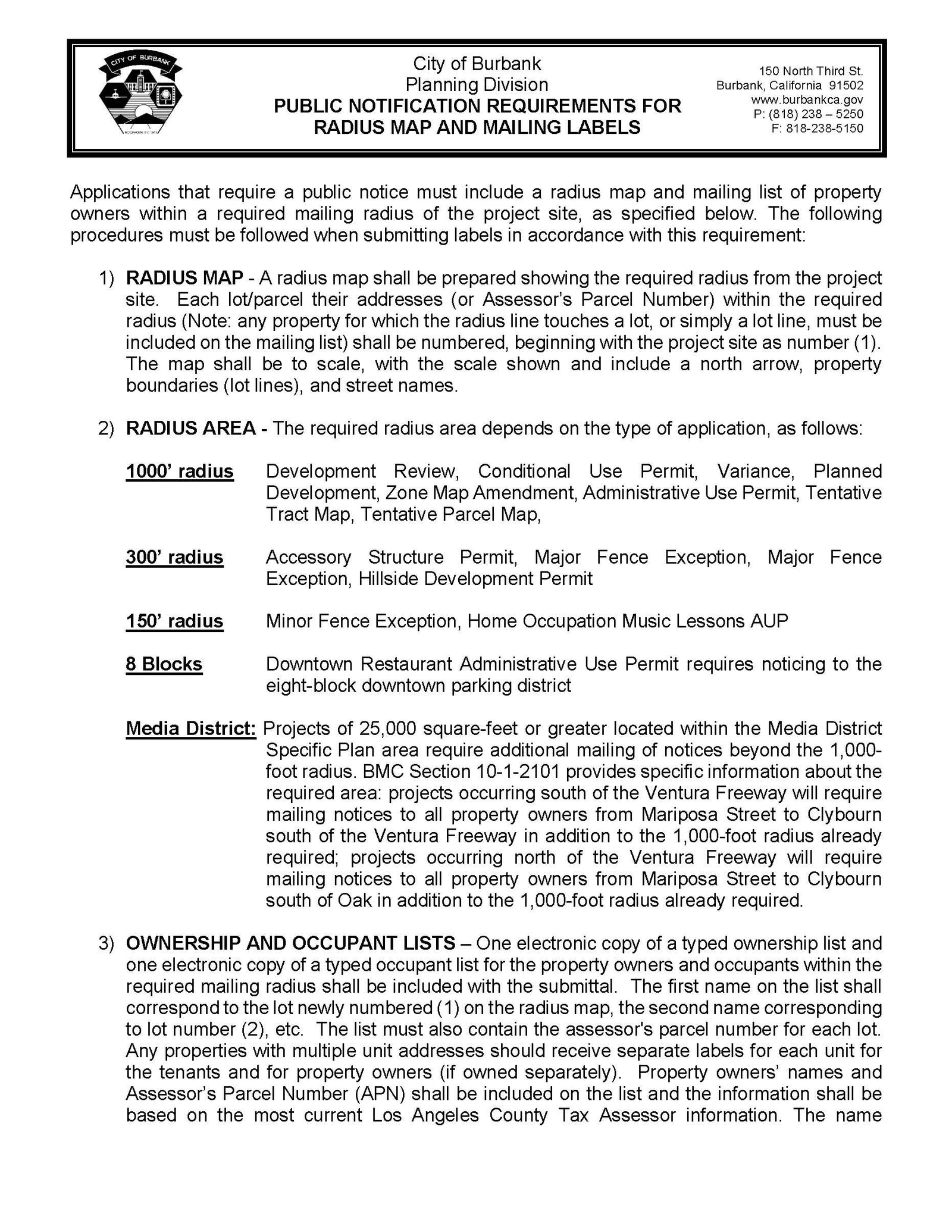 City of Burbank Planning Division public notification requirements document showing radius map and mailing label requirements, including 1000-foot, 300-foot, and 150-foot notification radii and ownership list submission guidelines.