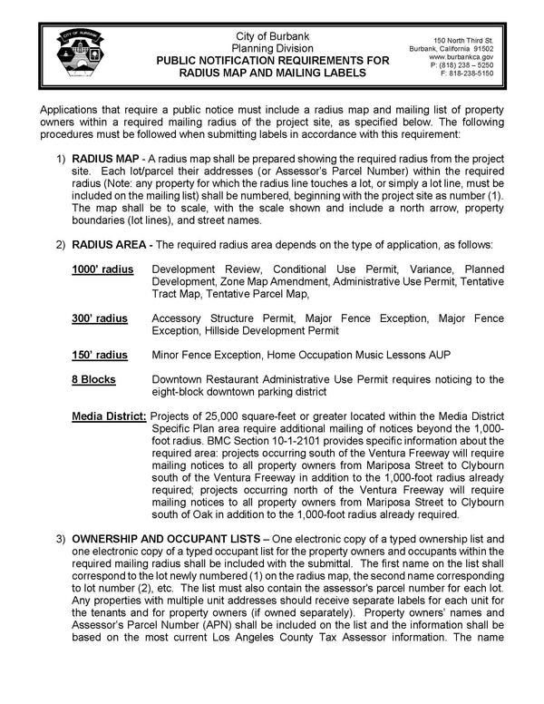 Burbank Public Notice Requirements Radius Map Labels Owner Occupant Li ...