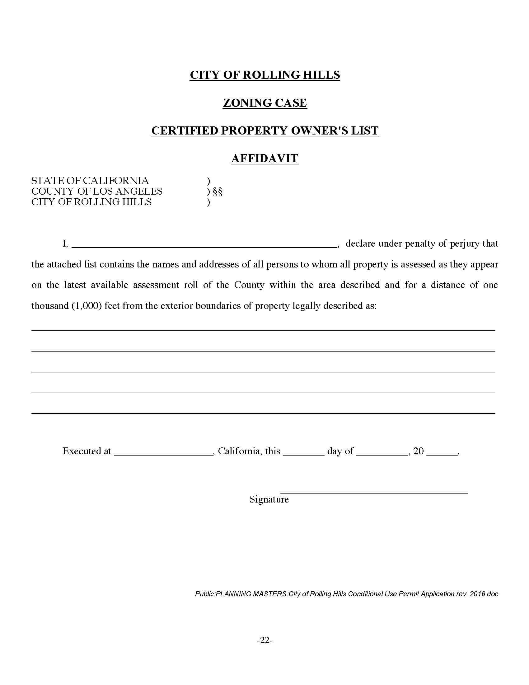 City of Rolling Hills Conditional Use Certified Property Owners List Affidavit