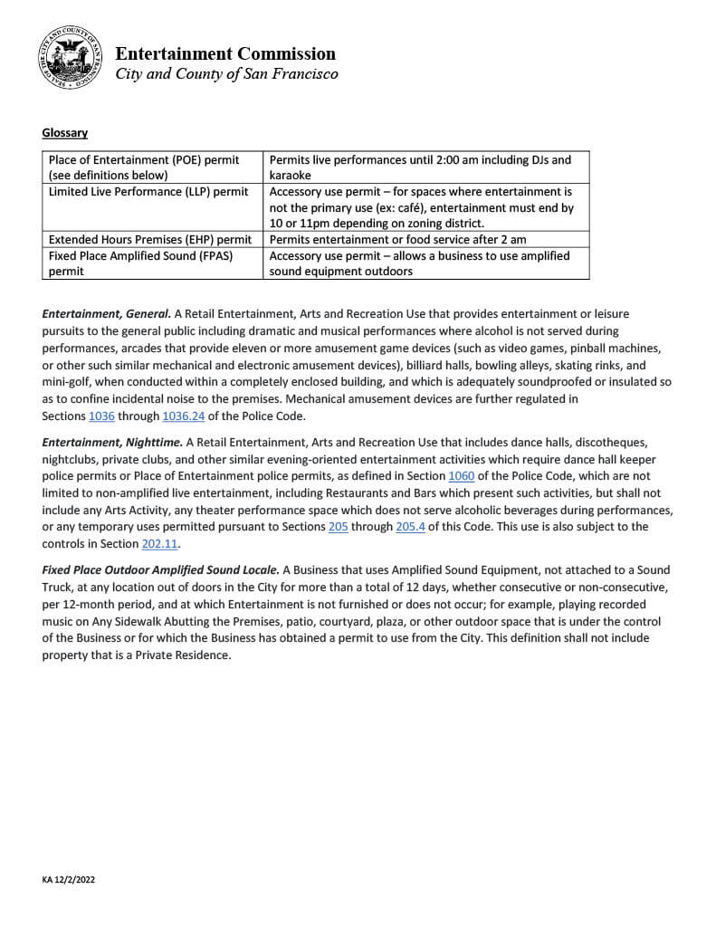 Document from the San Francisco Entertainment Commission with text on permits and regulations.