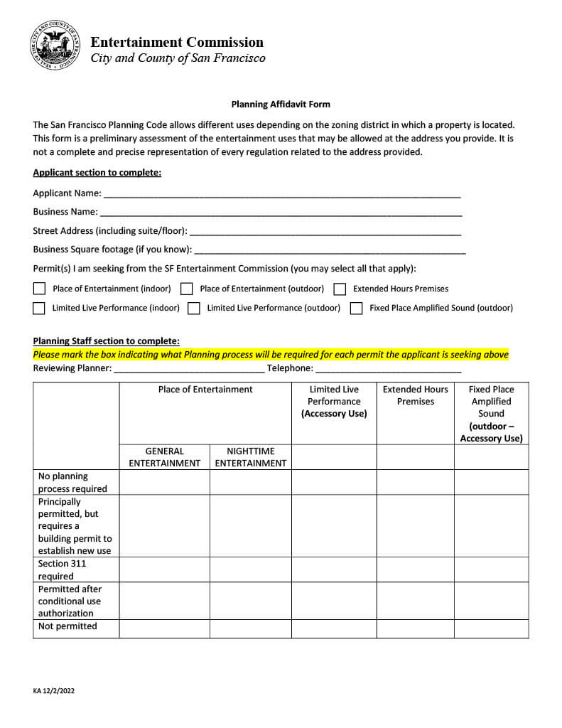 City and County of San Francisco Entertainment Planning affidavit form