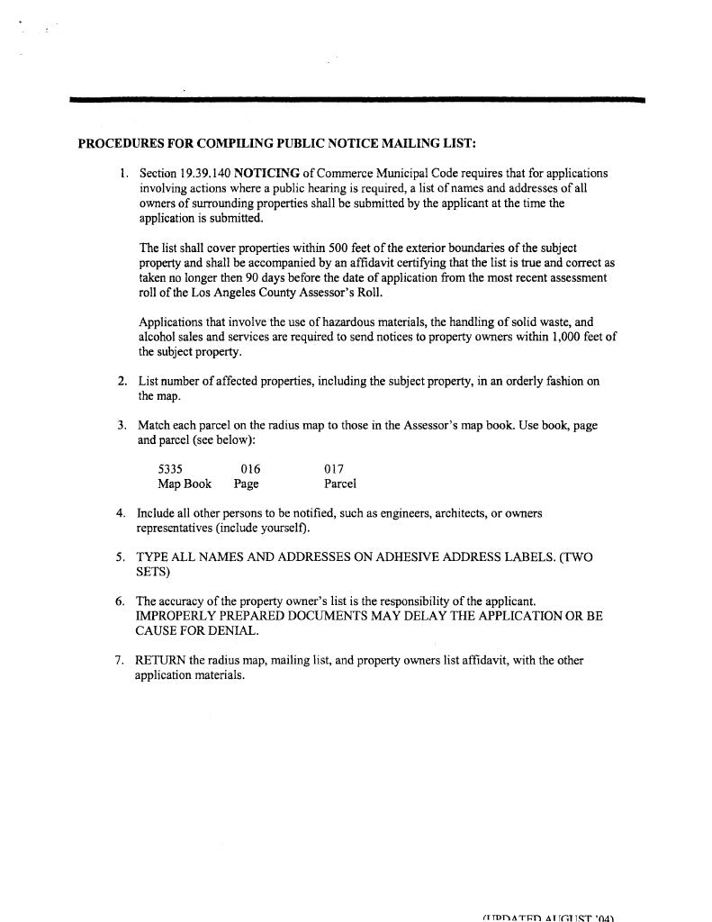 Procedures for compiling Commerce public notice mailing list with affidavit and mailing label requirements