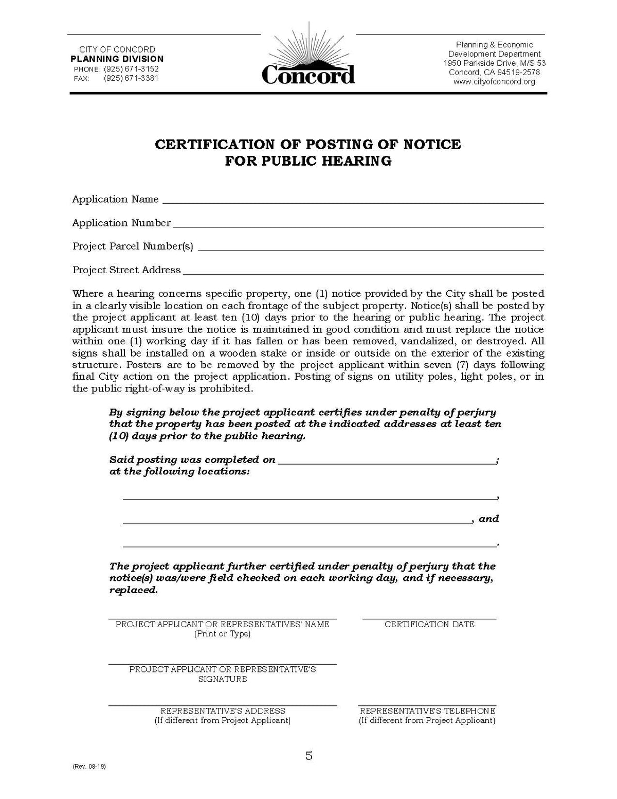 City of Concord Certification of Posting of Notice for Pubilc Hearing