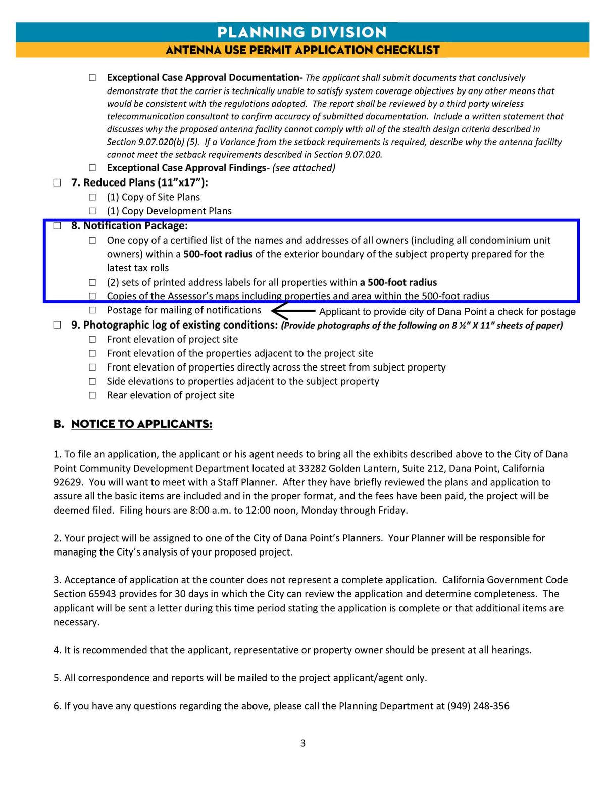Dana Point Antenna Use Permit Application Checklist Notification Package 500-foot radius