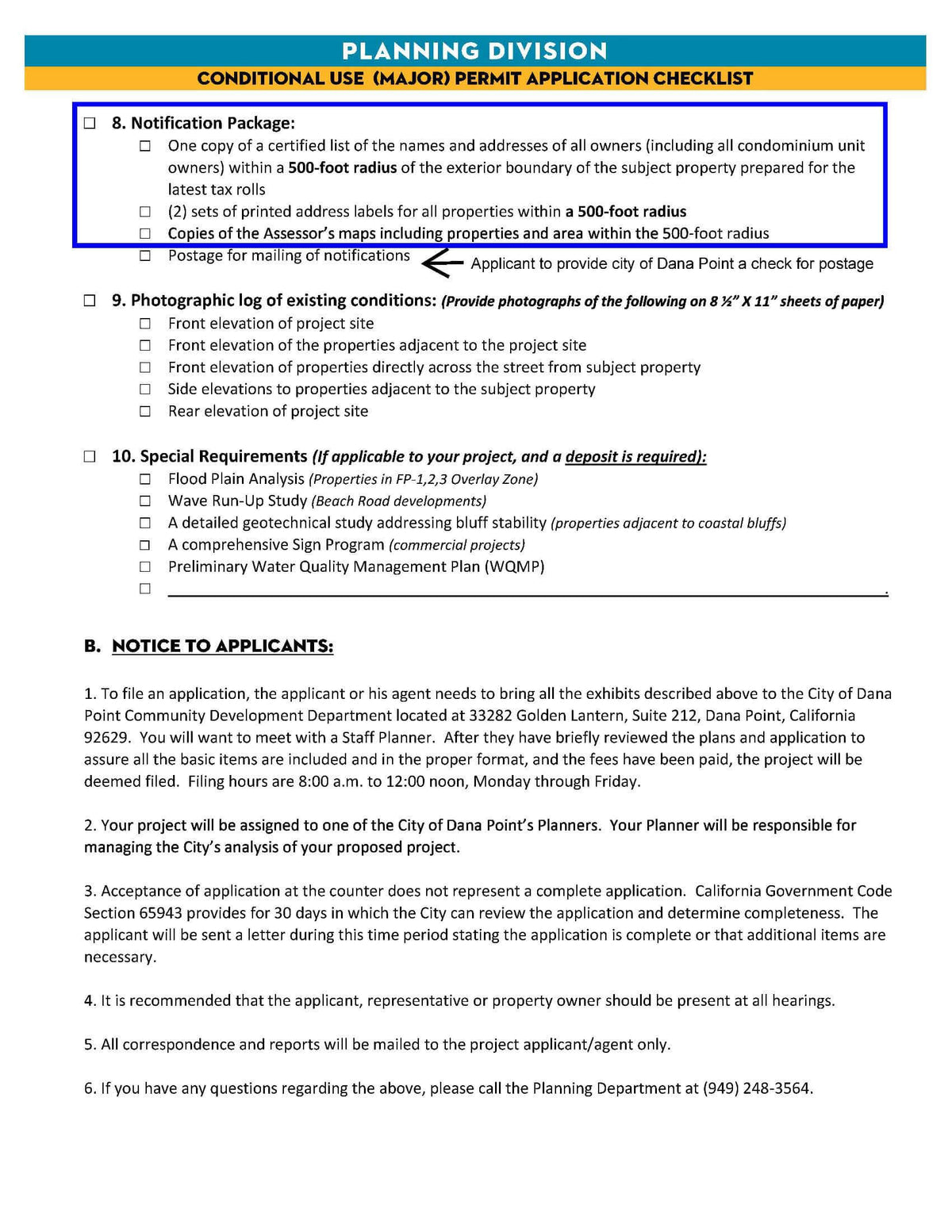 Dana Point Conditional Use Permit Major 500-foot radius Notification Package