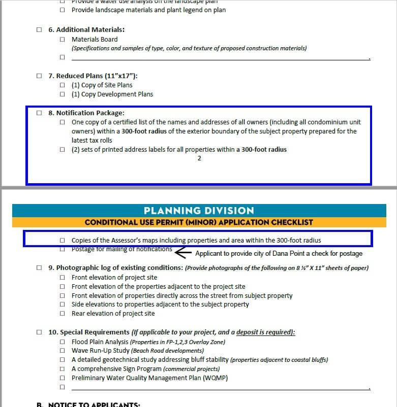 Dana Point Conditional Use Permit CUP Minor Application Notification Package 300-foot radius