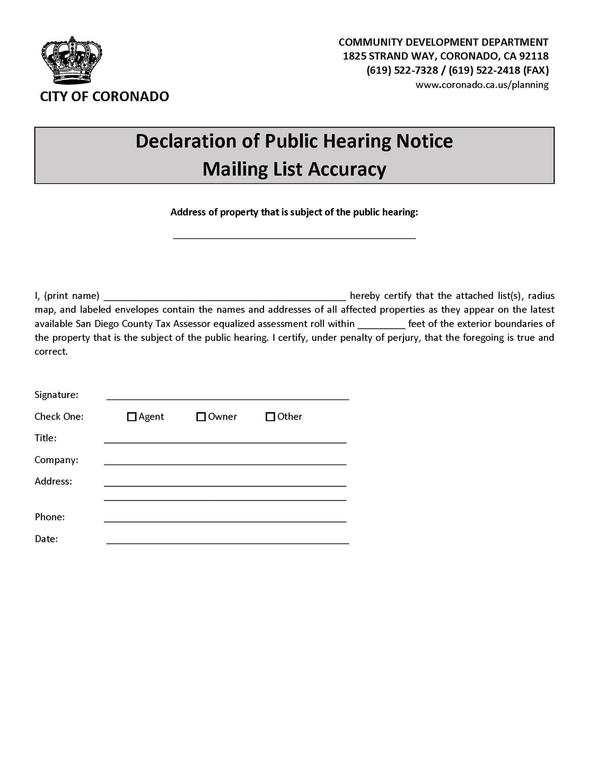 Declaration of Public Hearing Notice Mailing List Coronado 