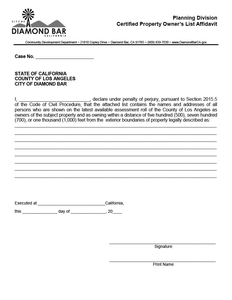 Diamond Bar Certified Property Owner’s List Affidavit form