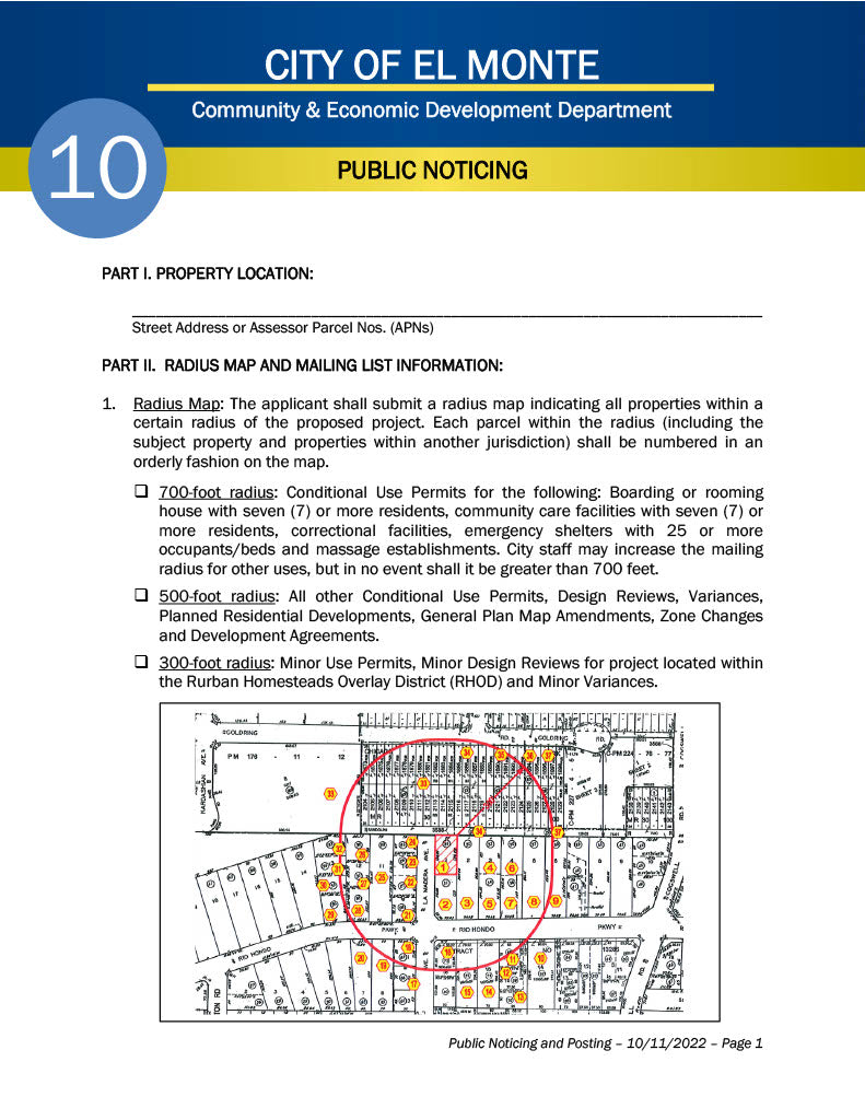 El Monte 300ft, 500ft, and 700ft radius map guidelines for property owner lists