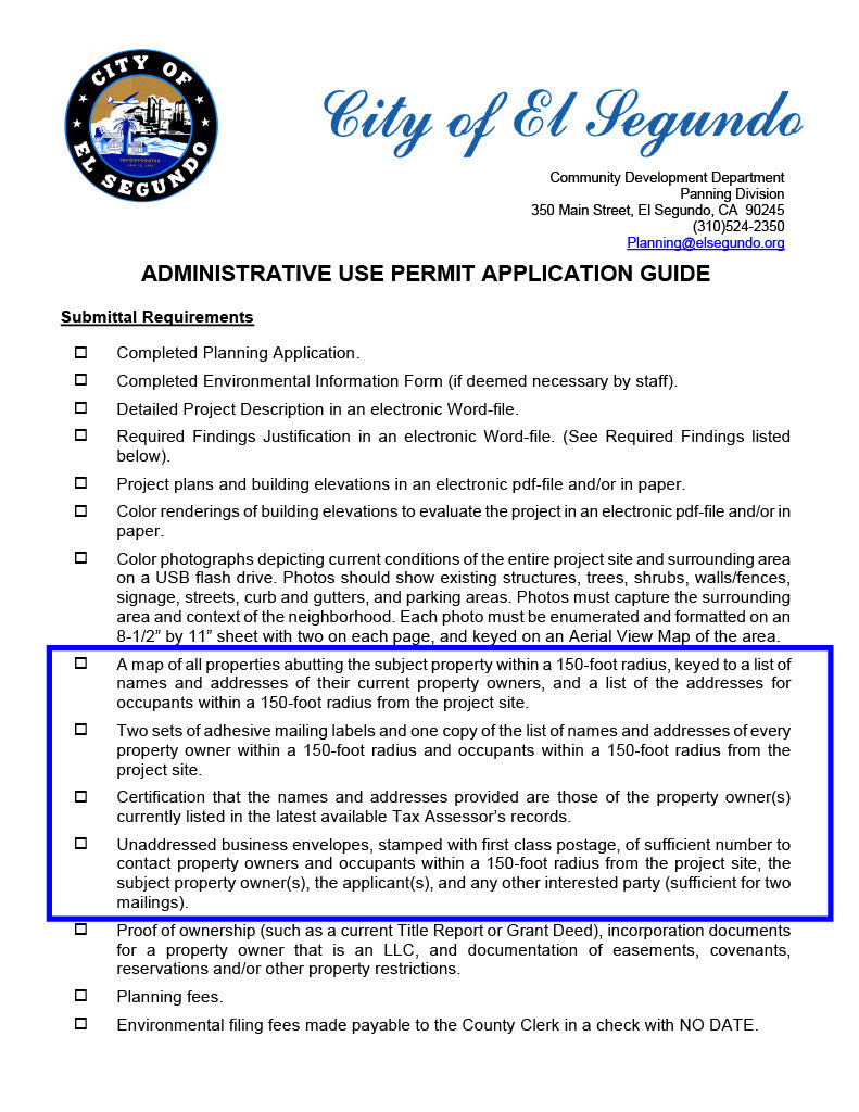 El Segundo administrative use permit requirements including 150-foot property owner and occupant radius map rules