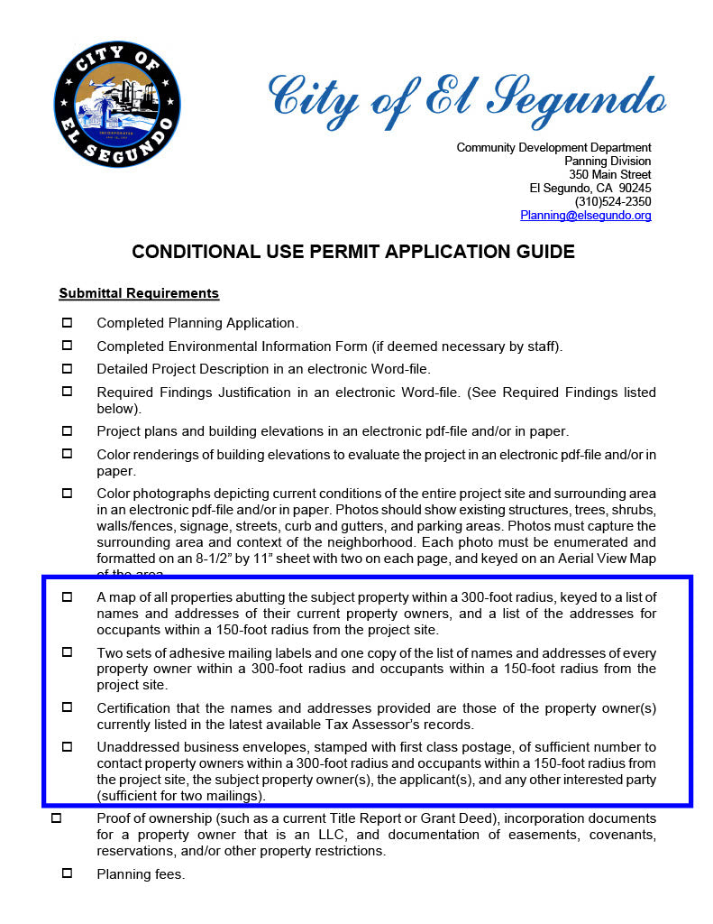 El Segundo conditional use permit requirements including 300-foot radius map, mailing labels, and certified occupant list