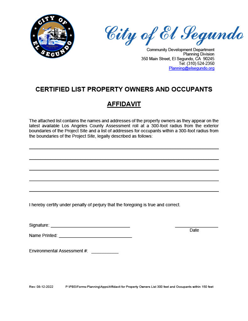 El Segundo affidavit certifying property owner and occupant list within 300 feet of project site