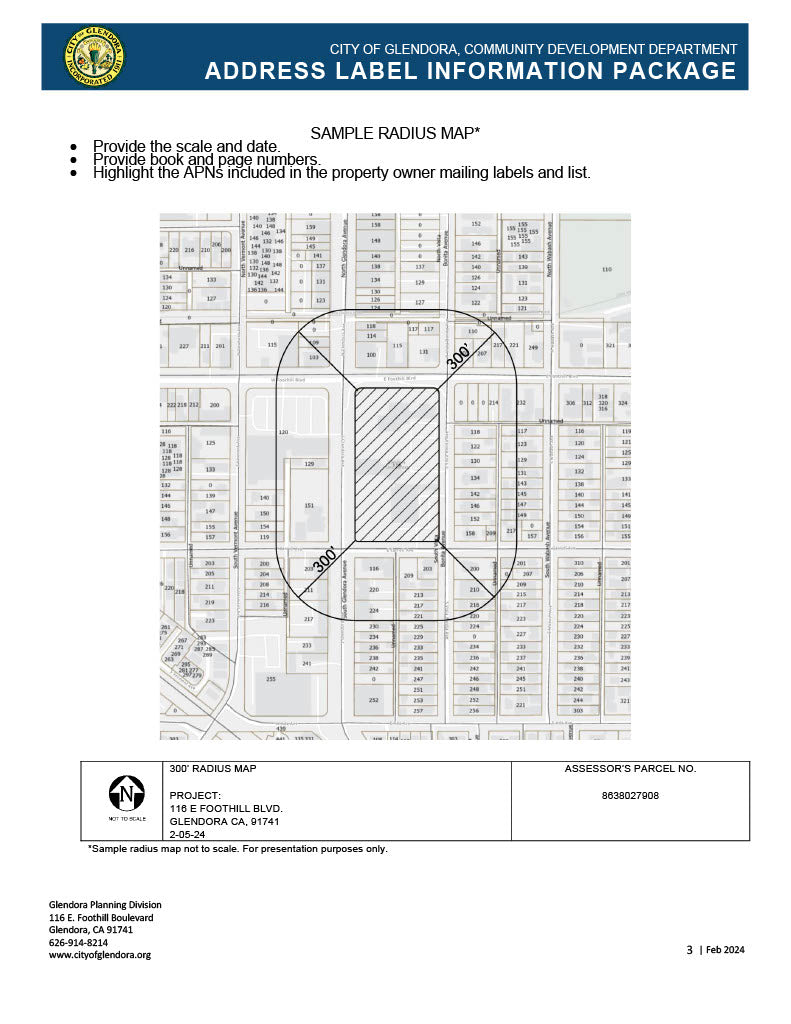 Glendora sample 300-foot radius map showing project site and surrounding parcels with APNs