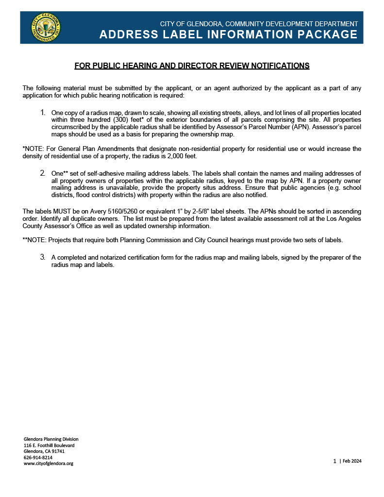 Glendora address label information package detailing radius map, mailing labels, and certification requirements
