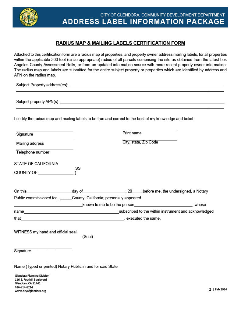 Glendora notarized certification form for 300-foot radius map and mailing labels