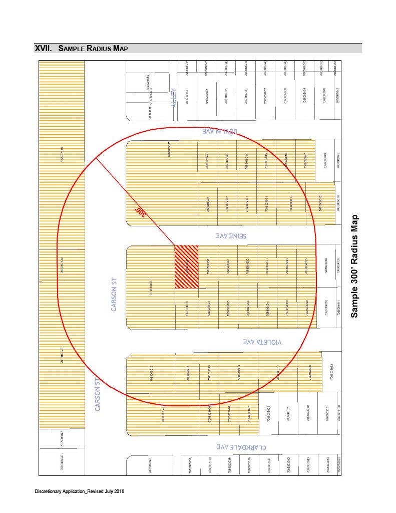 Hawaiian Gardens sample 300-foot radius map showing parcels and subject property boundaries
