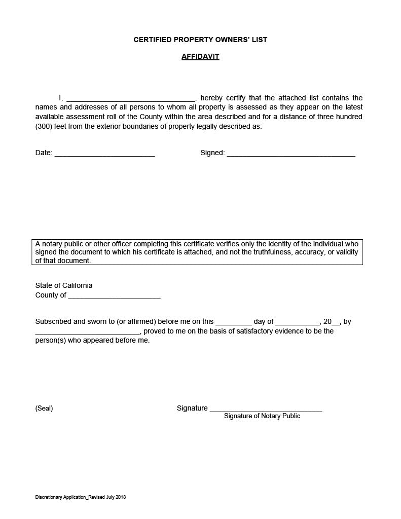 Hawaiian Gardens certified affidavit verifying property owners and occupants within 300-foot radius