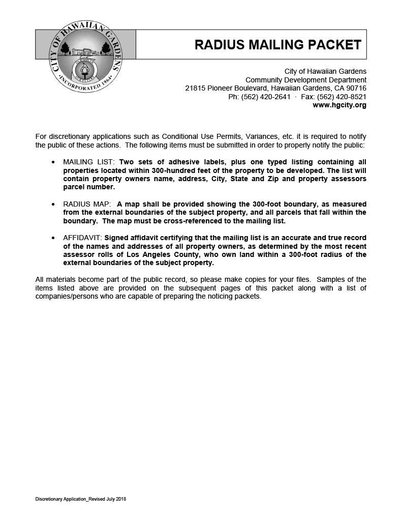 Hawaiian Gardens radius mailing packet with requirements for map, labels, and affidavit