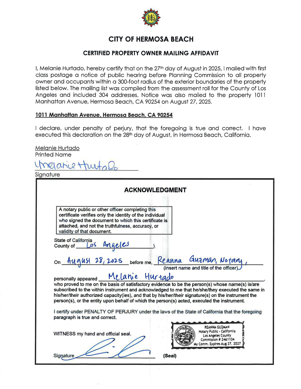 Hermosa Beach Certified Property Owner Mailing Affidavit