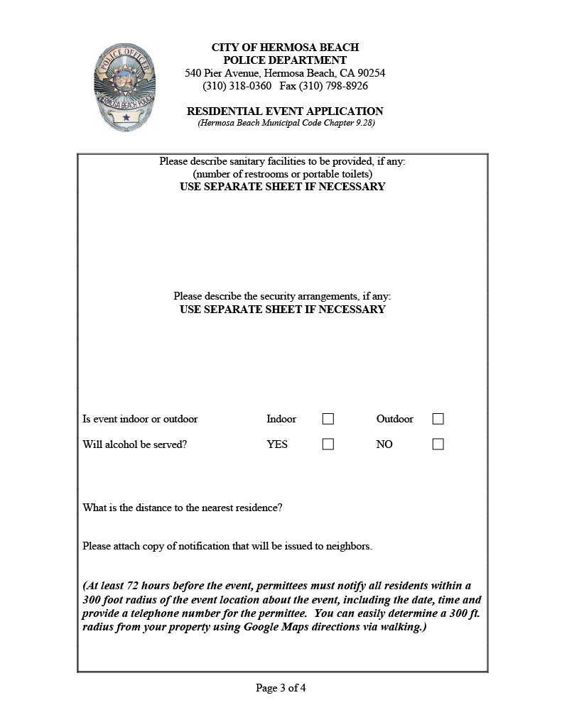 Hermosa Beach requirement to notify all residents within 300 feet of an event at least 72 hours in advance