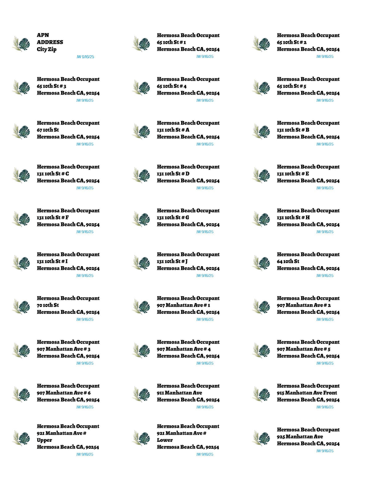 Hermosa Beach Sample Mailing List Owner and Occupant