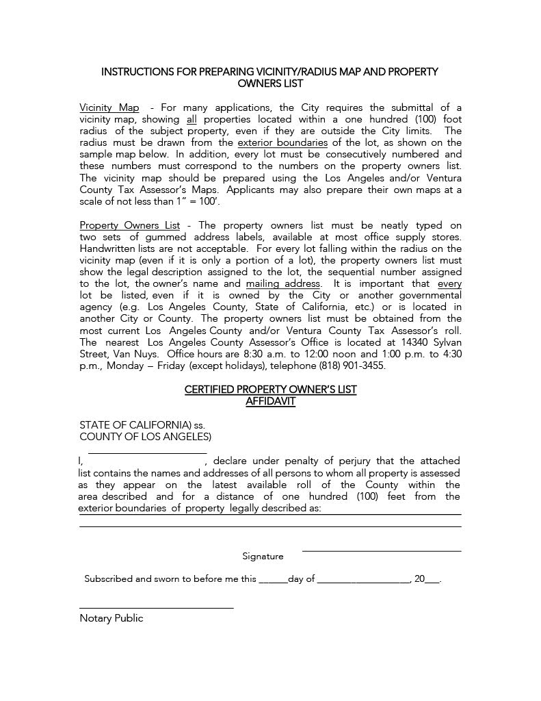 Hidden Hills instructions for preparing 100-foot vicinity map, property owners list, and notarized affidavit