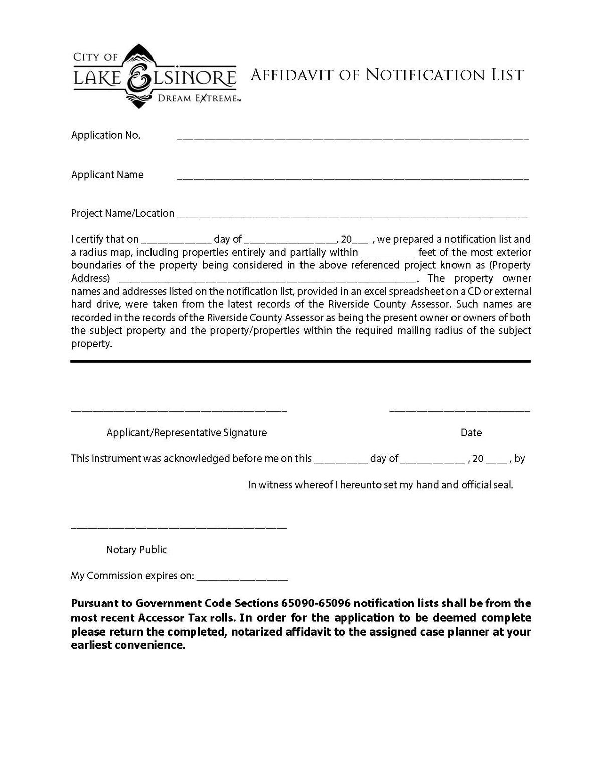 Lake Elsinore Property Owners Certification. 300-foot Radius. Notarized.