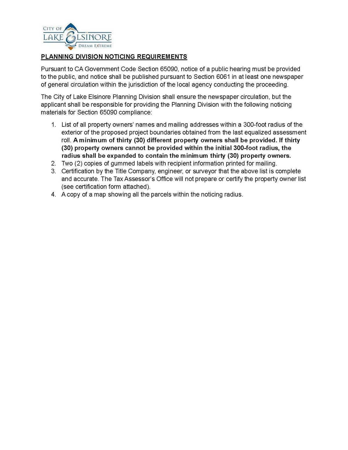 Lake Elsinore Public Hearing Requirements Property Owners Certification