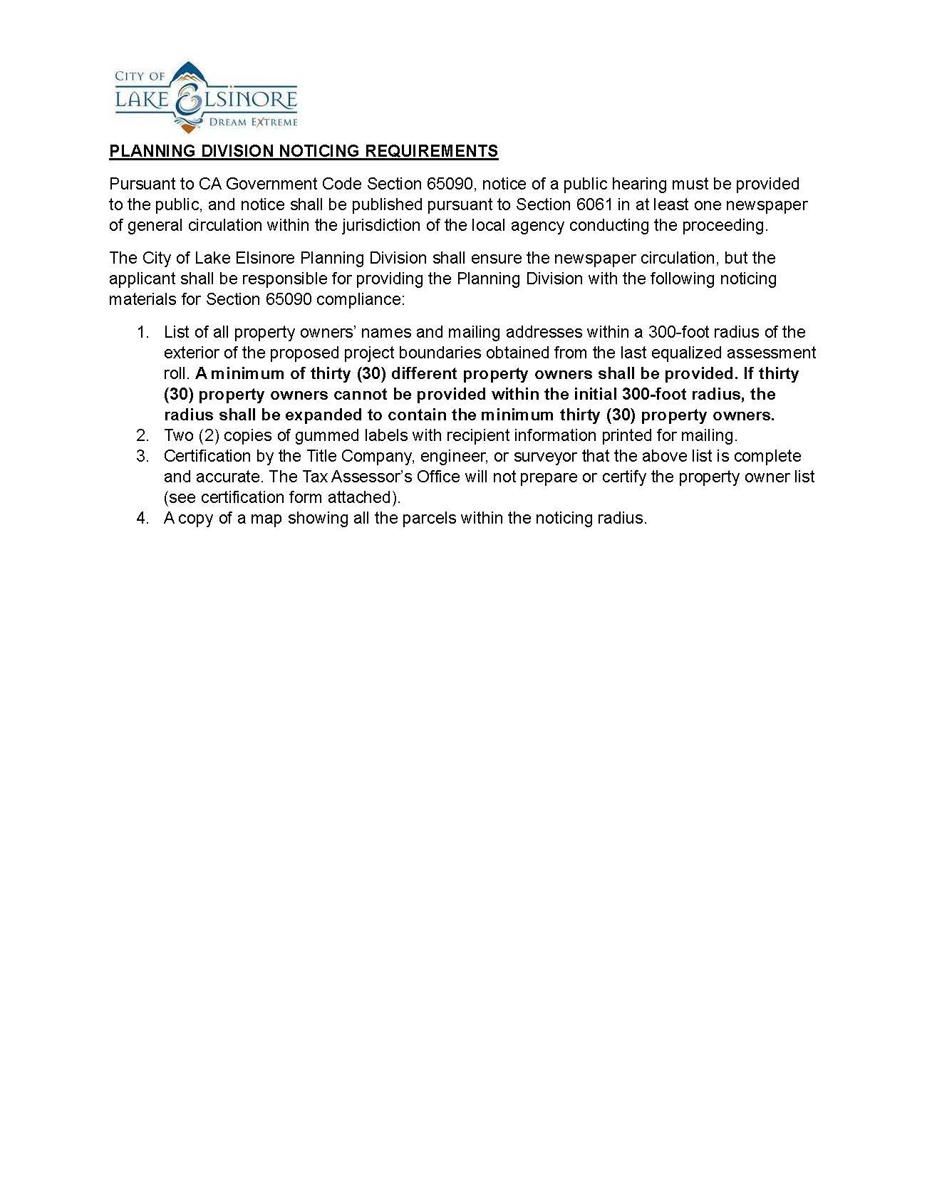 Lake Elsinore Public Hearing Requirements Property Owners Certification