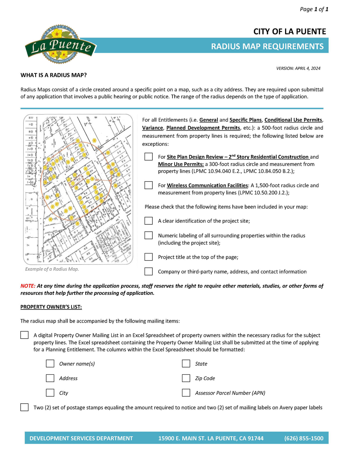 La Puente requirements for radius maps with 500ft, 300ft, and 1500 ft options, plus property owner mailing list in Excel with mailing labels. Postage stamps can be included for an additional fee.