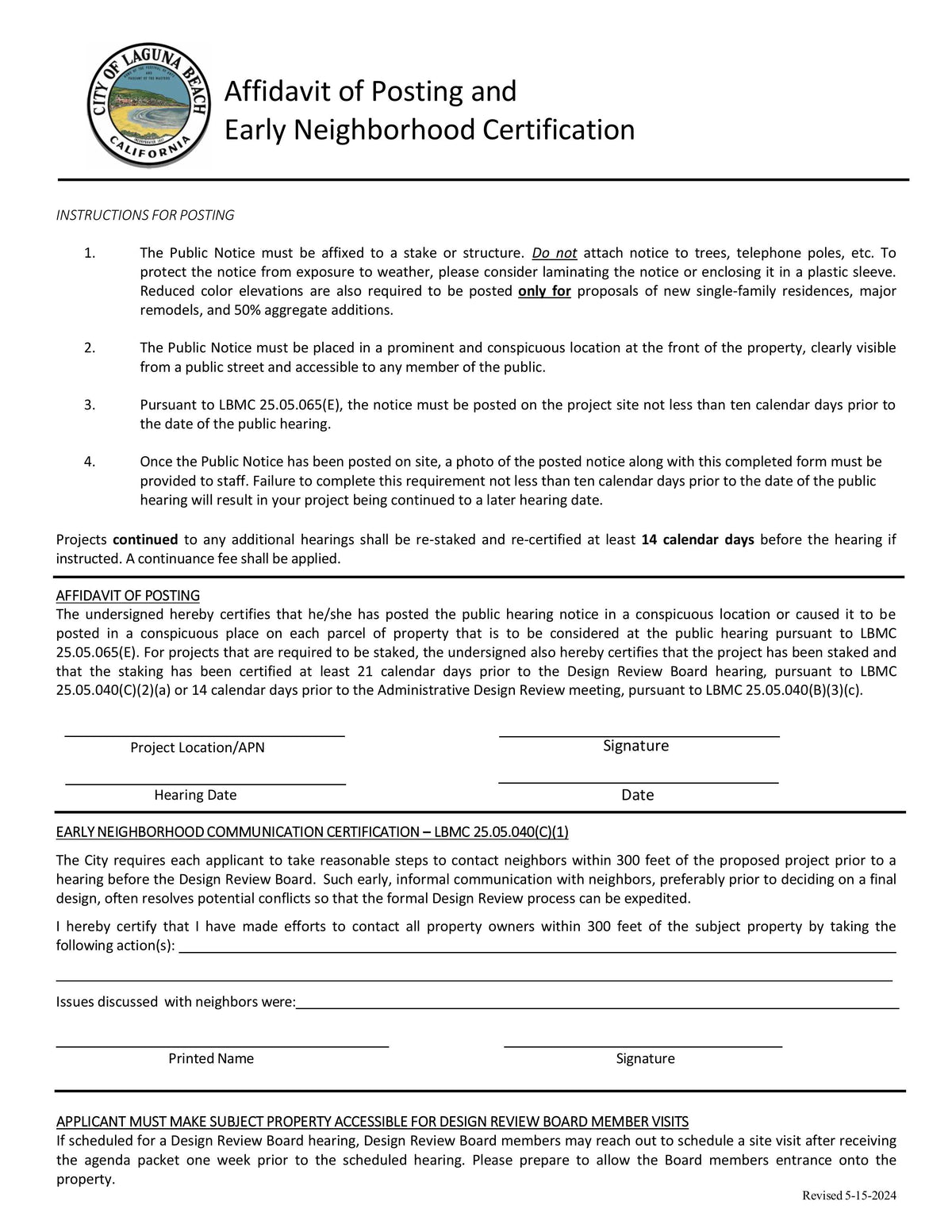 Laguna Beach Affidavit of Posting and Early Neighborhood Meeting Certification. 300ft
