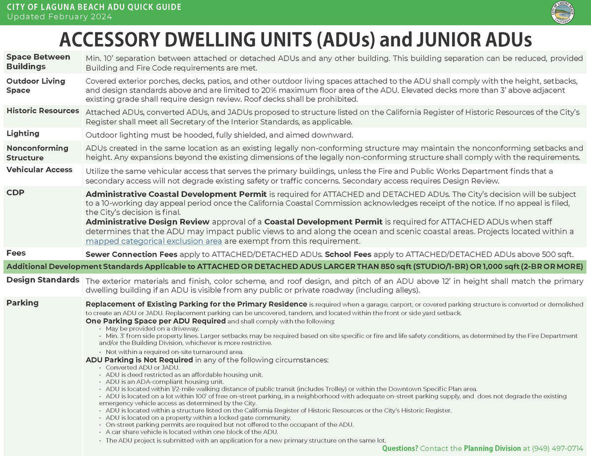 Laguna Beach CA Accessory Dwelling Units ADUs Standards Parking Design Radius Map Notification