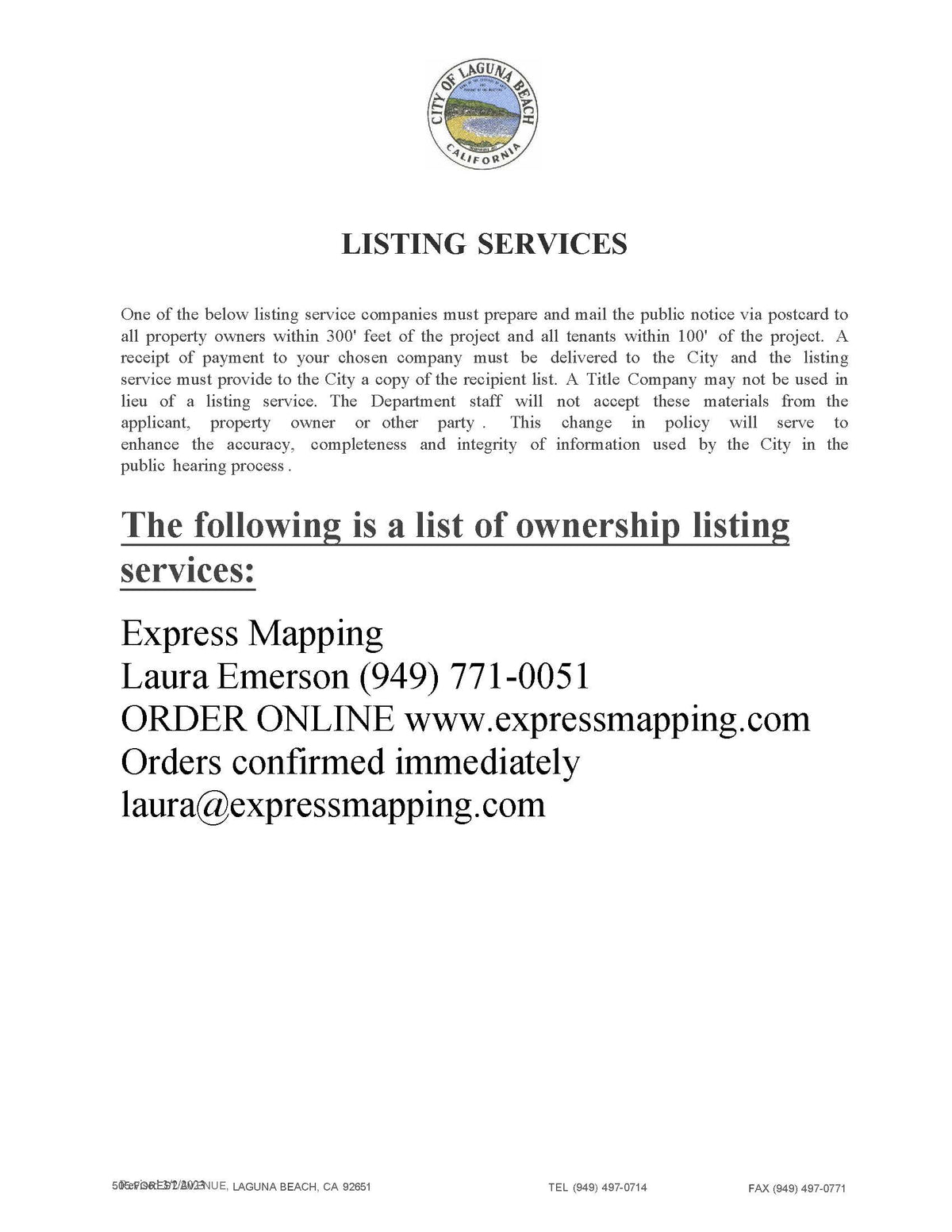 Laguna Beach noticing services Express Mapping Listing Services 300ft Property Owner 100' tenants