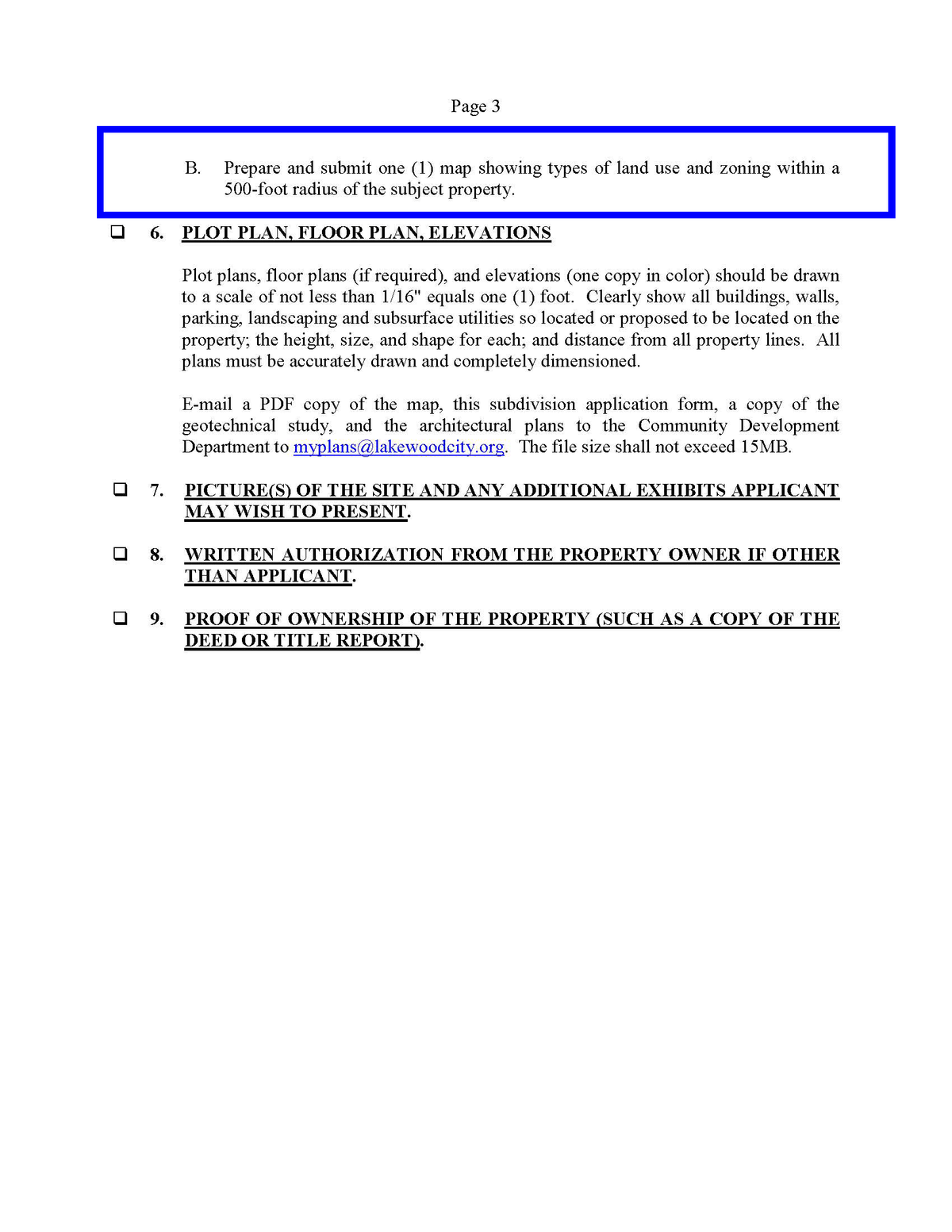 Lakewood zoning and land use map requirement showing 500-foot radius of subject property