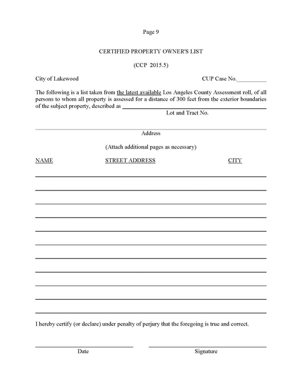Lakewood California Conditional Use Permit 300 foot Property Ownership ...