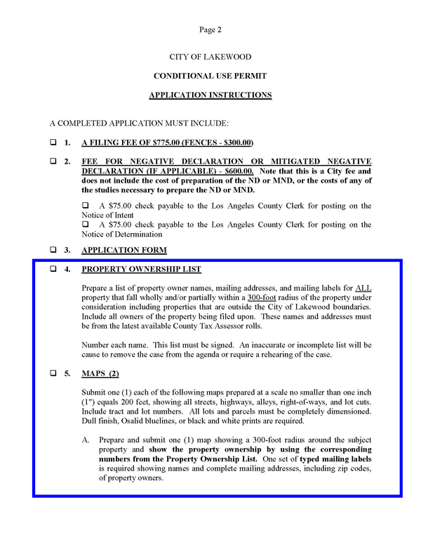Conditional Use Permit Checklist Lakewood California Conditional Use Permit 300 foot Property Ownership ...