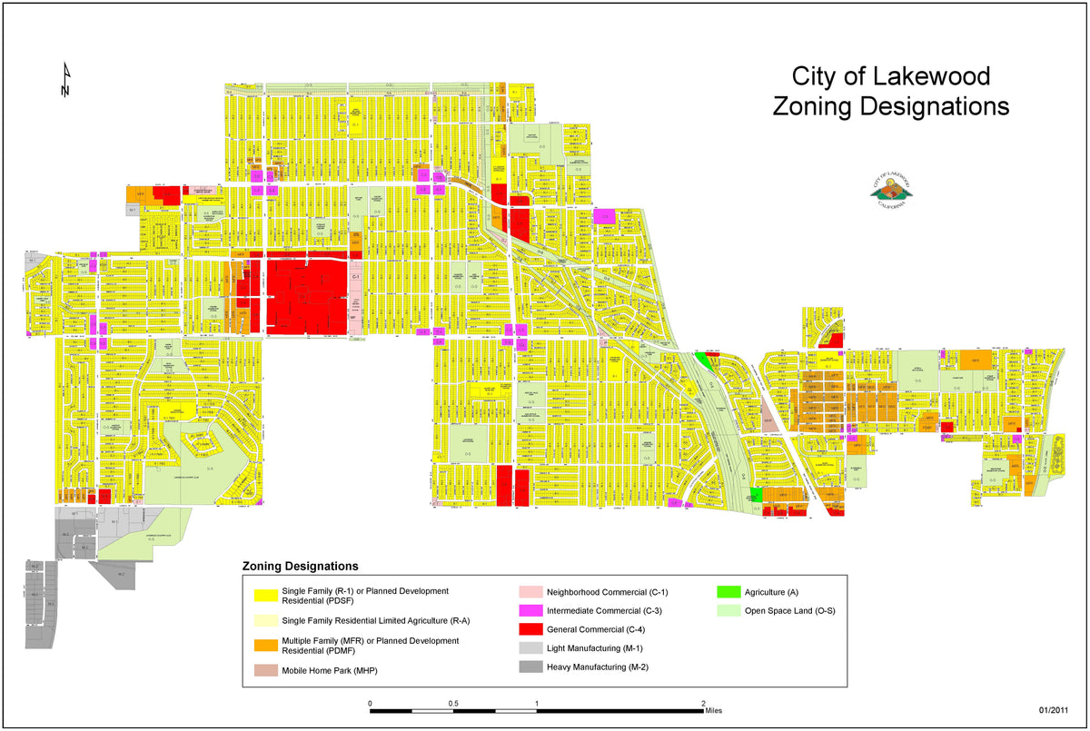 Lakewood zoning designations map showing residential, commercial, industrial, and open space land uses.