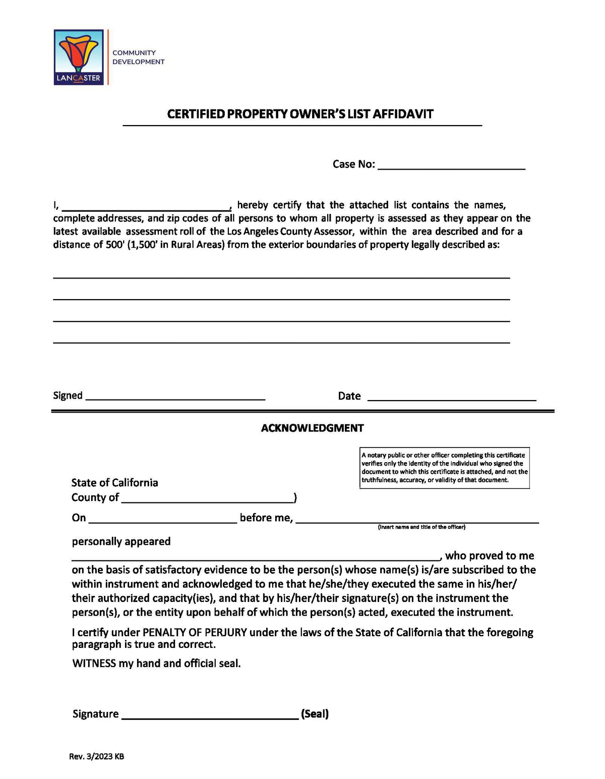 Lancaster certified property owner’s list affidavit form requiring assessor roll information within 500 feet urban or 1,500 feet rural, signed under penalty of perjury