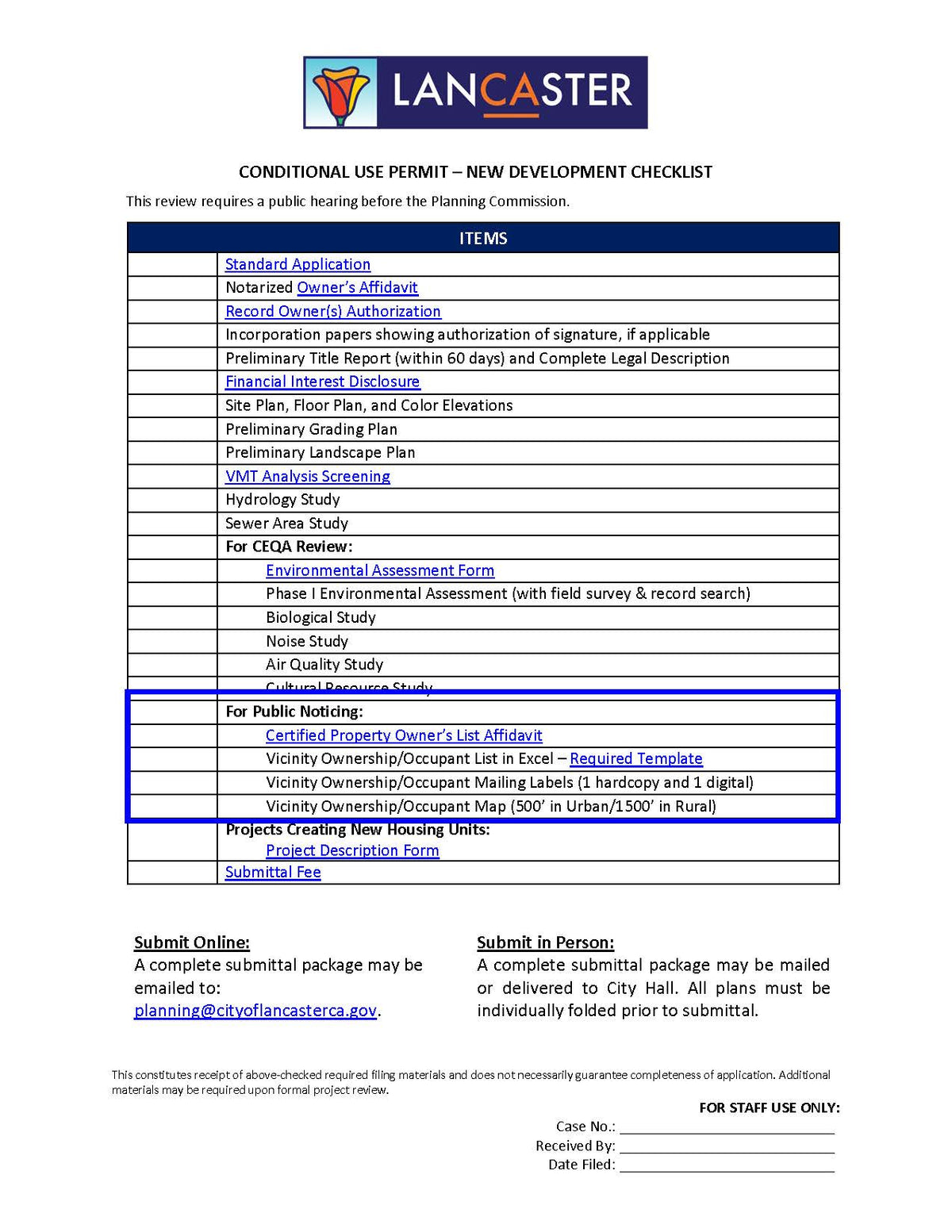 Lancaster conditional use permit new development checklist detailing property owner’s affidavit, mailing labels, Excel ownership list, and 500’ urban or 1500’ rural map requirements
