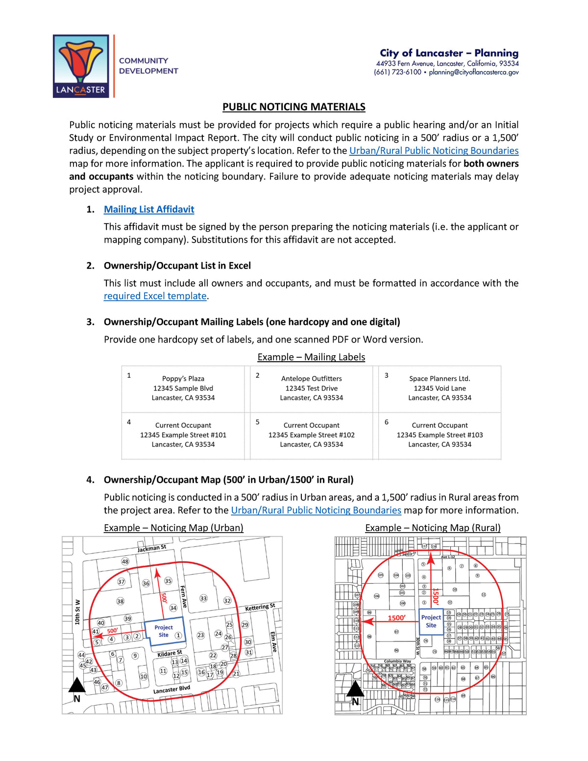 Lancaster public noticing materials guide showing affidavit, ownership and occupant list, mailing labels, and example 500-foot urban and 1,500-foot rural radius maps