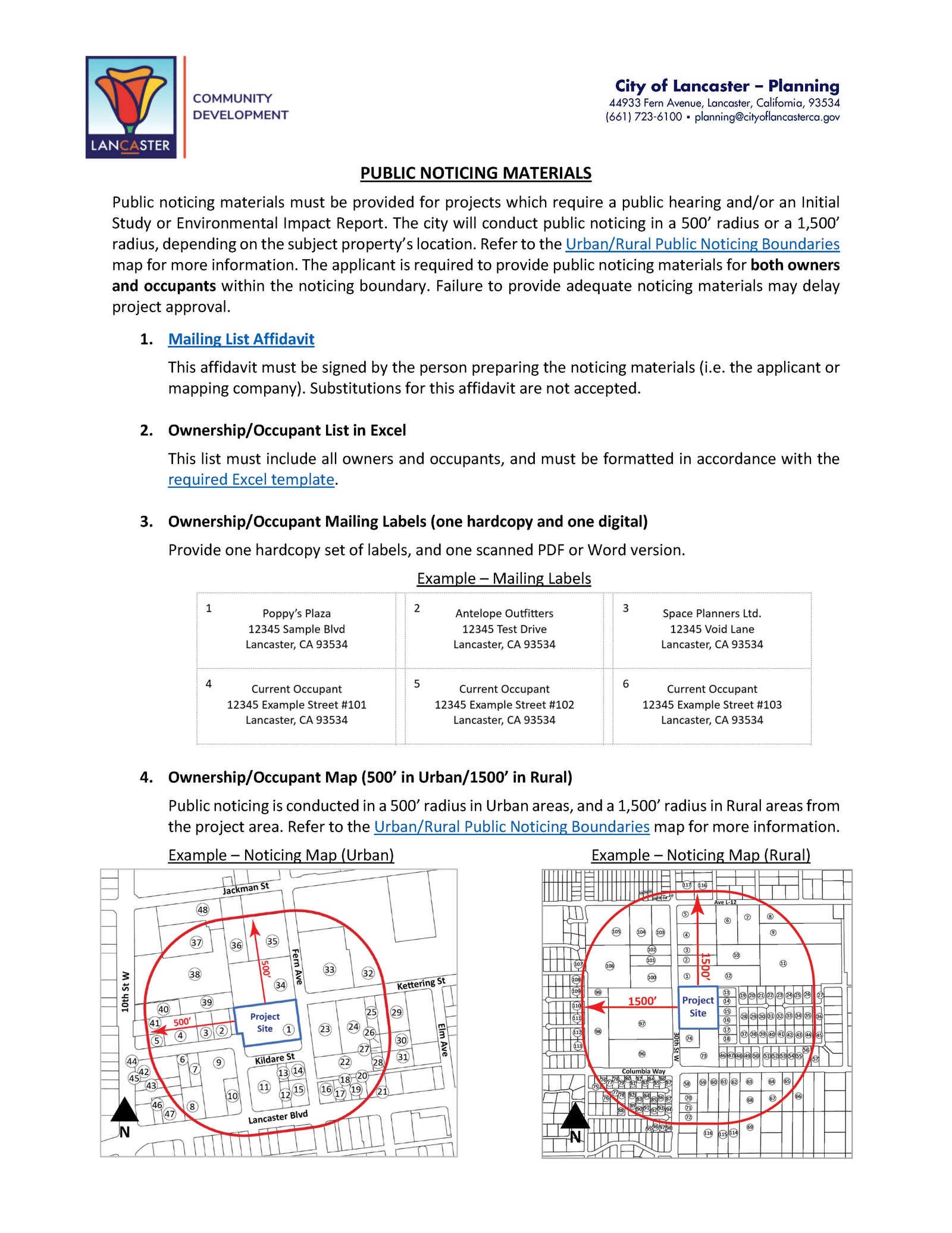 Lancaster public noticing materials guide showing affidavit, ownership and occupant list, mailing labels, and example 500-foot urban and 1,500-foot rural radius maps