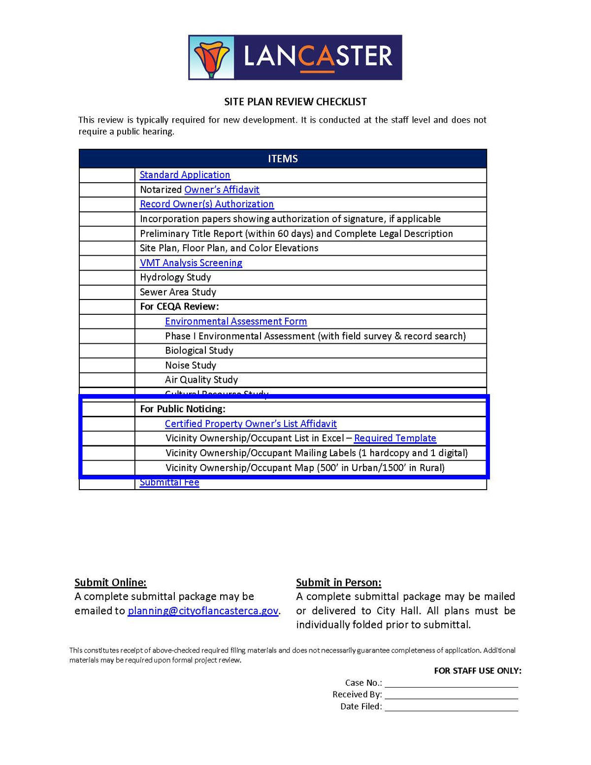 City of Lancaster site plan review checklist highlighting notarized owner affidavit, vicinity ownership list, mailing labels, and ownership map requirements