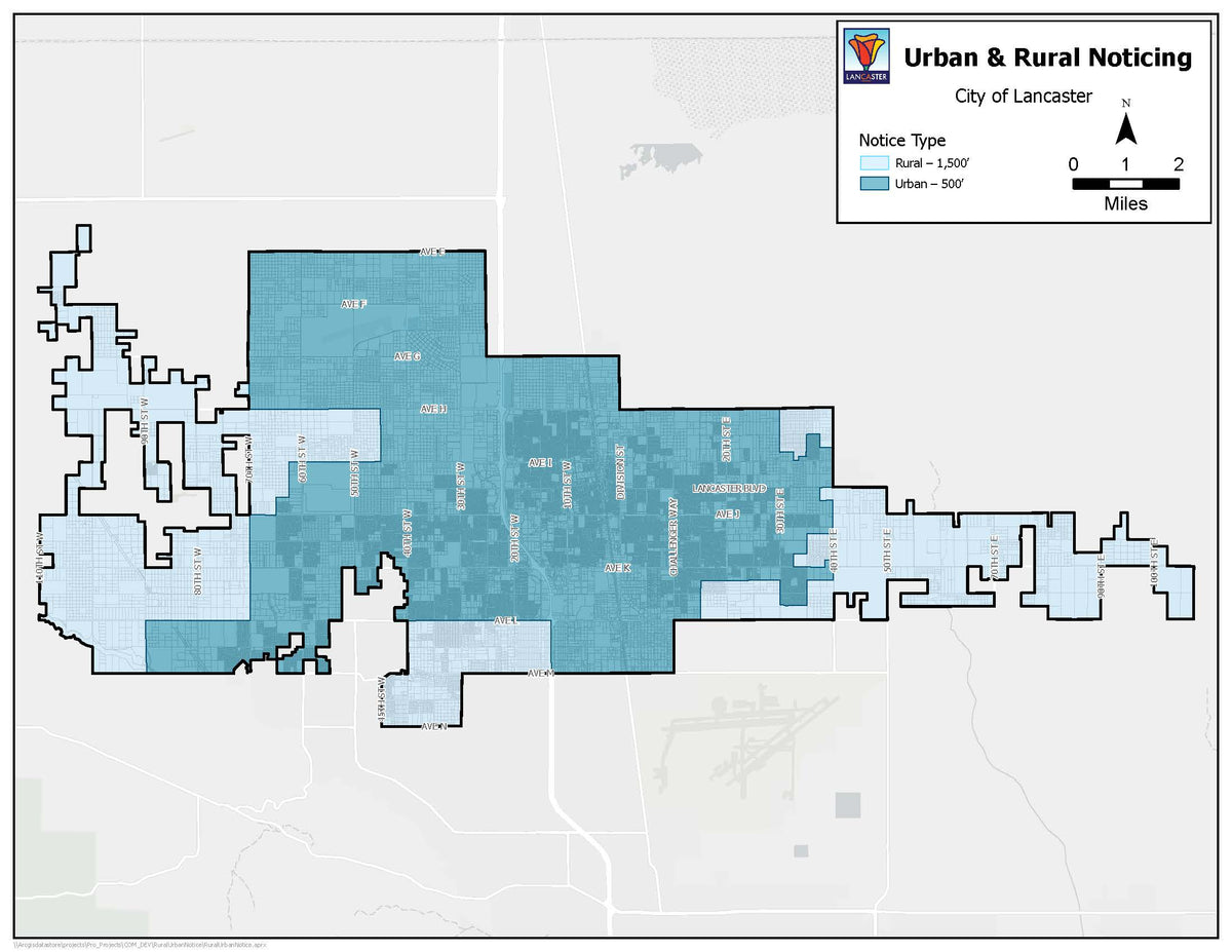 City of Lancaster urban and rural public noticing boundaries map showing 500-foot urban and 1,500-foot rural radius requirements