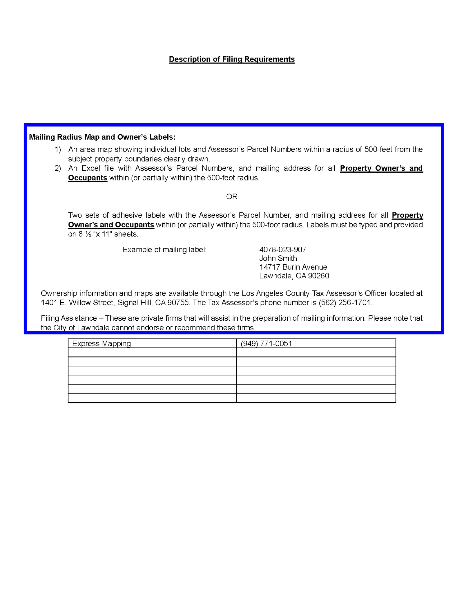 Filing requirements document showing Lawndale city planning instructions for 500-foot radius map and owner labels