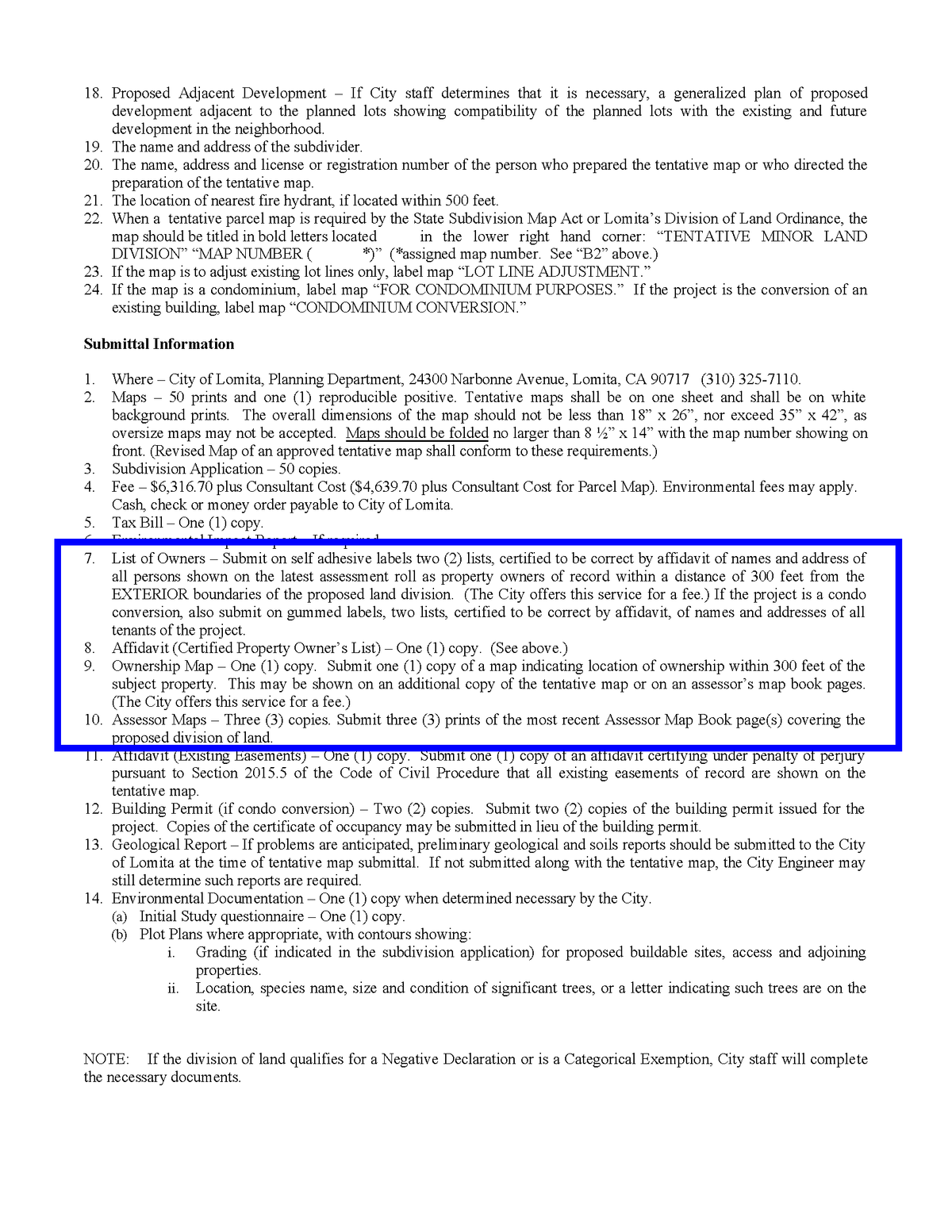 Example requirements for Lomita planning applications including 300-foot ownership radius map and gummed address labels